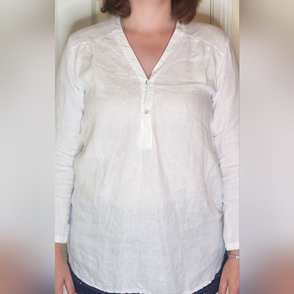 Rosemarine L ITALY White 100% LINEN Lngslv 1/4 Buttons Women's Shirt